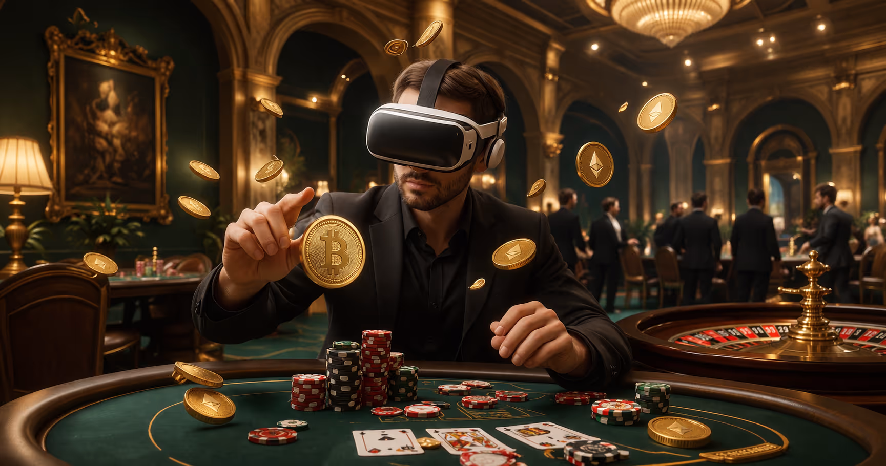 Player fully immersed in a hyper-realistic VR casino environment wearing headset in 2026