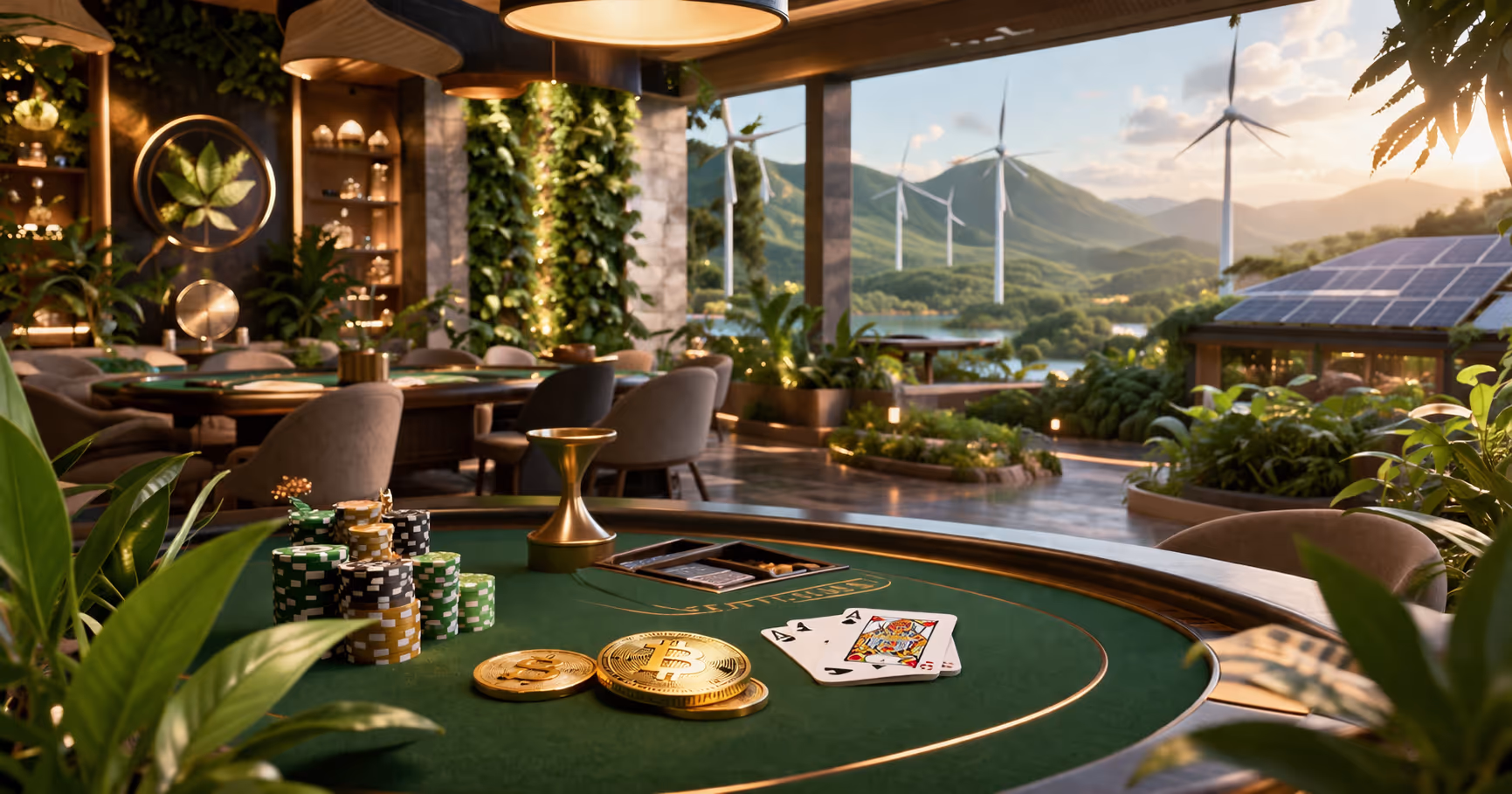 Casino online eco-friendly 2026 con simboli di energia rinnovabile, interfaccia di gioco green e visual di jackpot sostenibile